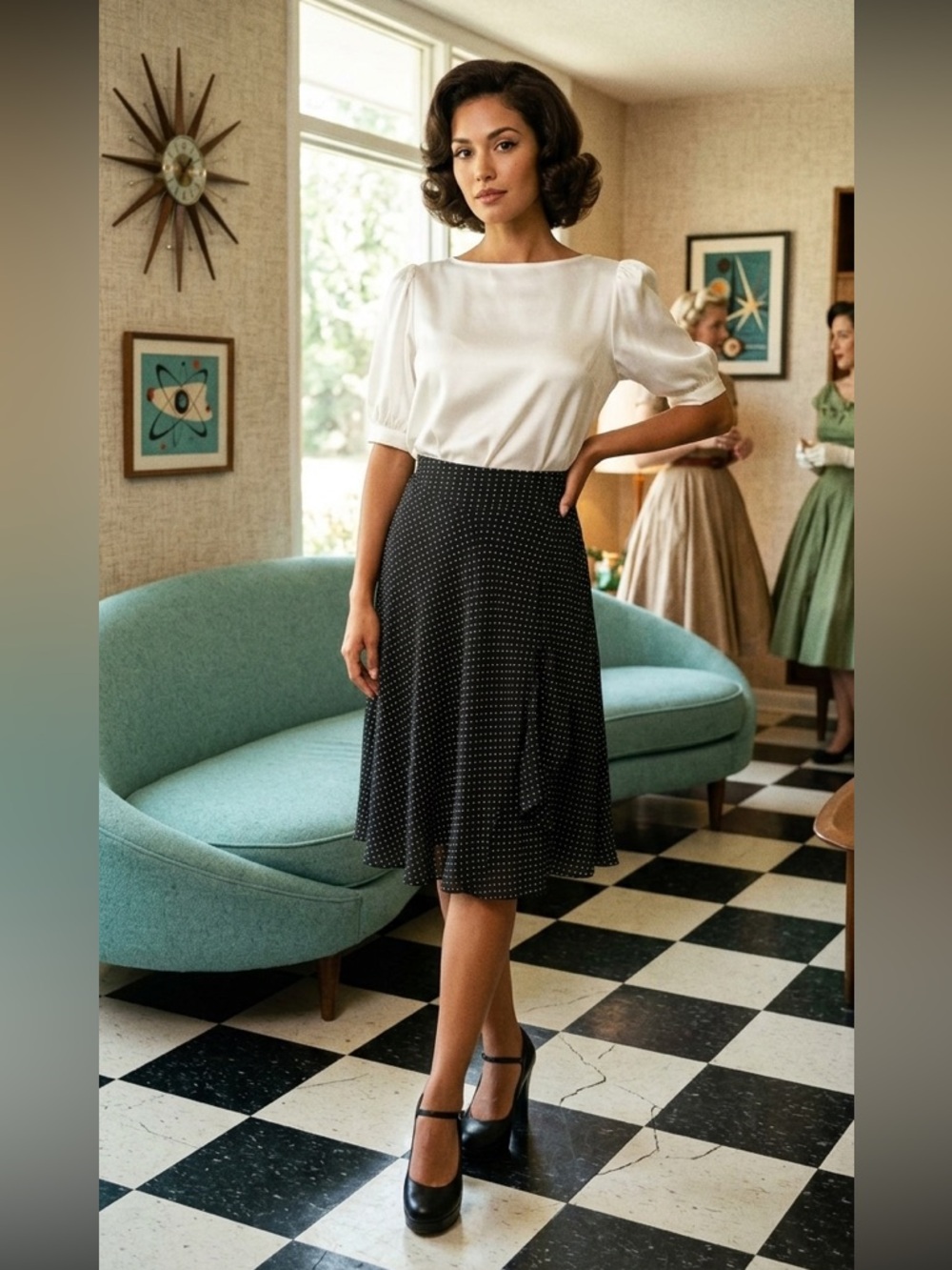 Tahari Black & White Polka Dot Flowy Ruffle Classic Rockabilly Skirt Size 10